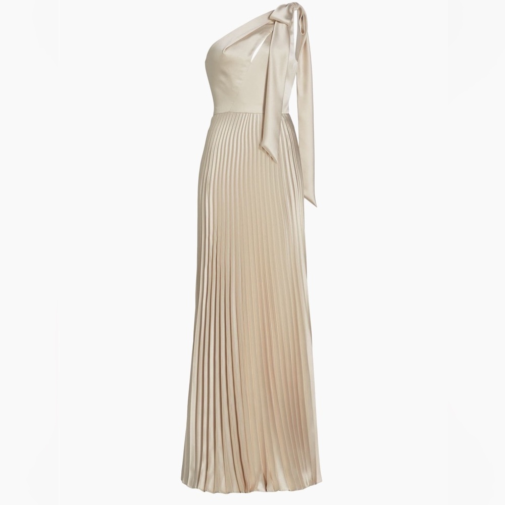 Amsale satin one-shouldered pleated gown in champagne size 14